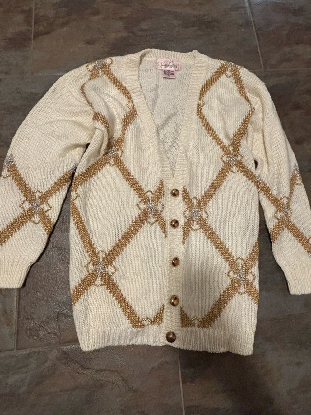 Jaclyn Smith Cream and Tan Diamond-Pattern Cardigan beaded vintage